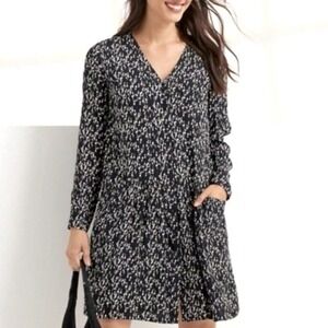 Garnet Hill Women's Drop Waist Black Floral Printed Long‎ Sleeve Dress- Size 8